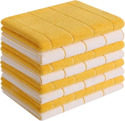 Famanu - Set van 8 microvezel keukenhanddoeken 61x45 cm, super absorberend, geel-wit streepdesign
