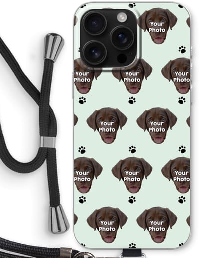 Gepersonaliseerd - Case Company® - Hoesje met koord geschikt voor iPhone 16 Pro Max hoesje met Koord - Gepersonaliseerd gezicht - Kat of Hond - Telefoonhoesje met Zwart Koord - Bescherming aan alle Kanten en Over de Schermrand