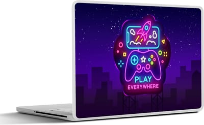 Laptop sticker - 14 inch - Gaming - Neon - Play - Blauw - Nacht - Controller - 32x5x23x5cm - Laptopstickers - Laptop skin - Cover