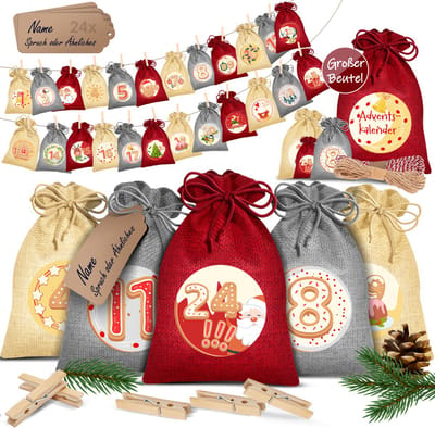 KESSER® Adventskalender om zelf te vullen 24 Jute Zakjes Bedrukte Stoffen Kerst Zakjes Incl. 24x Labels + 1 Grote Stoffen Opbergzak Advent Kalender - Rood / 14 cm x 10 cm