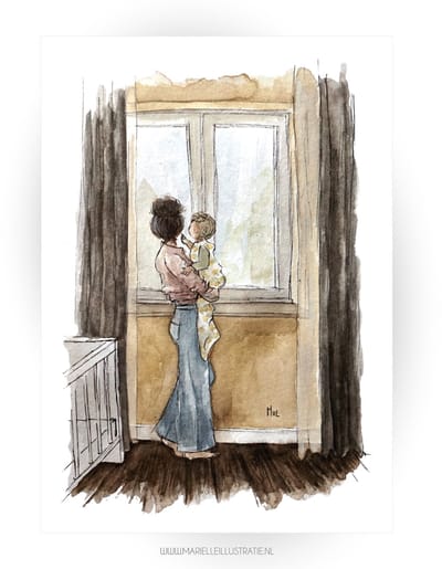 vrouw met kind op wenskaart 10x15cm, illustratie van aquarel en fineliner MI274
