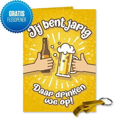 Muziekwenskaart - Jij bent jarig, daar drinken we op! + Gratis flesopener