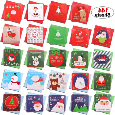 Dailygoody - Mini-Kerstkaarten Set - Vrolijke Wenskaarten - Voor Kerstgroeten - 144 Stuks - Ideaal Cadeau - Met Enveloppen - 24 Unieke Motieven