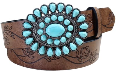 Westernriem Verstelbaar 110 cm - Vintage Riem - PU-leer - Dames/Heren - Gegraveerde Gesp - Retro Bloemenpatronen