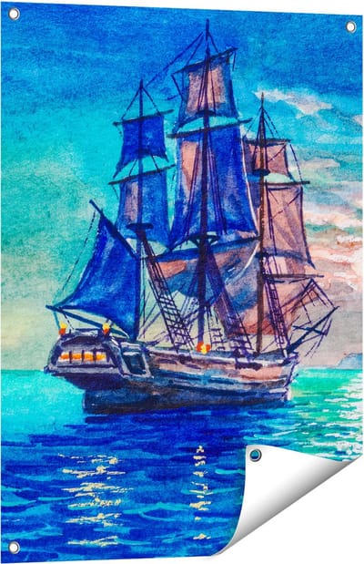 Gards Tuinposter Oude Piratenschip Zeilboot Getekend - 60x80 cm - Tuindoek - Tuindecoratie - Wanddecoratie buiten - Tuinschilderij