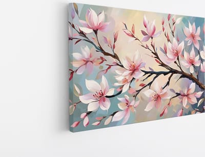 Saammp Canvas Schilderij - Roze bloemen aan tak - Abstract - 30x20 - Foto op canvas - Wanddecoratie - Muurdecoratie Woonkamer - Kantoor Decoratie