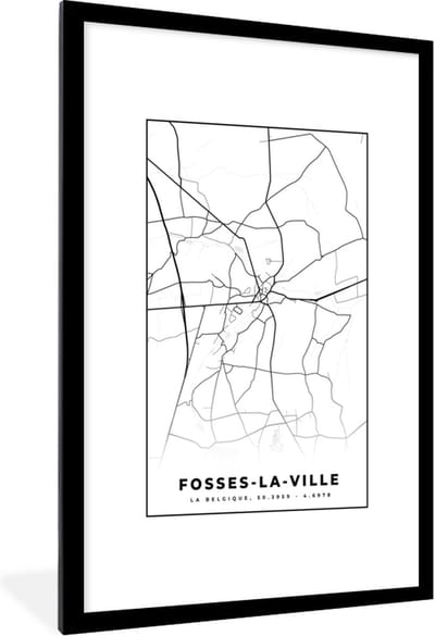 Fotolijst incl. Poster Zwart Wit- Plattegrond – Fosses la Ville – Zwart Wit – Stadskaart - Kaart - België - 80x120 cm - Posterlijst