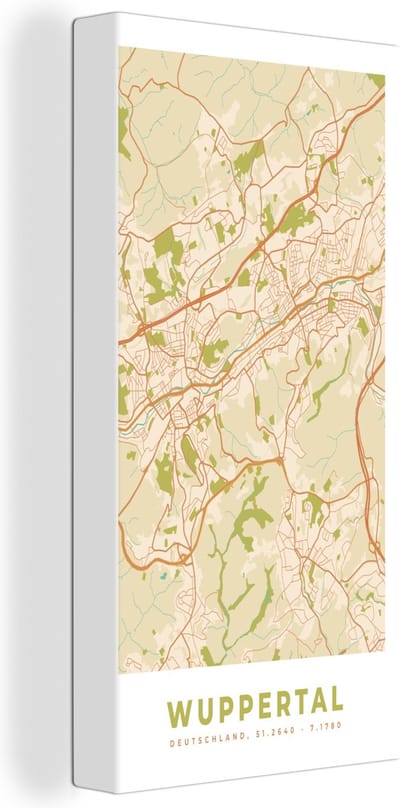 Canvas Schilderij Plattegrond - Wuppertal - Kaart - Stadskaart - Vintage - 20x40 cm - Wanddecoratie