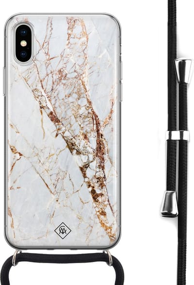 Casimoda® hoesje met koord - Geschikt voor iPhone Xs - Marmer Goud - Afneembaar koord - Siliconen/TPU - Goudkleurig