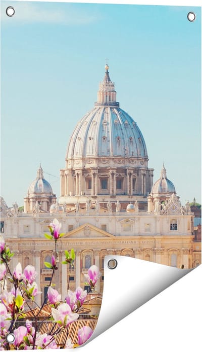 Gards Tuinposter Sint Pietersbasiliek in Rome met Bloemen - 40x60 cm - Tuindoek - Tuindecoratie - Wanddecoratie buiten - Tuinschilderij