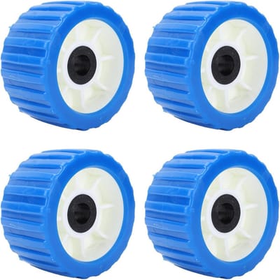 Boottrailer Rollen 3" Breed x 5" Buiten Diameter met Poly Ribbed, Wobble Montagegat van 1-1/8", Set van 4 Stuks, Blauw, Duurzaam en Lichtgewicht