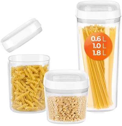 KADAX Voorraaddoos, transparante opbergdoos van kunststof, luchtdichte voorraaddoos met deksel, voorraaddozen voor meel, muesli, suiker en pasta (set van 3: 600 ml + 1000 ml + 1800 ml, wit)