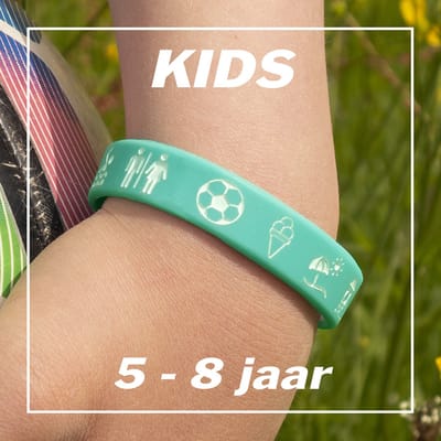 Ikgaopavontuur SOS bandje kind met reisiconen om aan te wijzen! - 5 t/m 8 jaar - mintblauw 160 x 12 mm - reisbandje als naambandje kind - siliconen armbandje met telefoonnummer