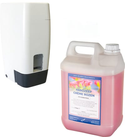 Zeepdispenser 1 liter kunststof hervulbaar + 5 liter jerrycan handzeep Crème Rozen