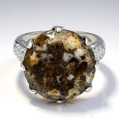 Cavill - Dinosauruskwarts 10,63 ct & Witte Topaas 0,065 ct - 925 Sterling Zilver - Moderne Edelsteenring, Pavé Zetting, Maat 17