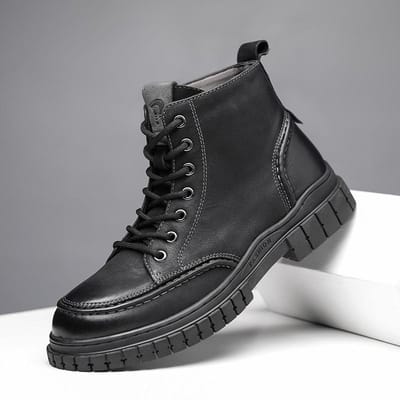 Heren Martin Boots Retro High-Top Schoenen Amerikaanse Dikke Zolen Leren Laarzen Wrijvende Tooling Laarzen Teen Leren Motorlaarzen 44 zwart