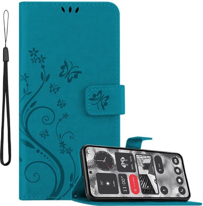 Cadorabo Hoesje geschikt voor Nothing 2 in BLOEMEN BLAUW - Beschermhoes in bloemmotief met magnetische sluiting, standfunctie en kaartsleuven Book Case Cover Etui