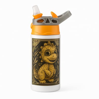 Stijlvolle Dino Cartoon Drinkfles – Decoratieve Drinkfles voor Liefhebbers van Art-Deco en Prehistorie - Waterfles voor kinderen (wit/oranje)
