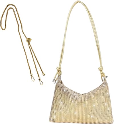 2 Stuks Gouden Rhinestone Schoudertas voor Dames met Sprankelende Ketting, Zwarte Avondtas, Clutch en Handtas voor Feesten en Bruiloften