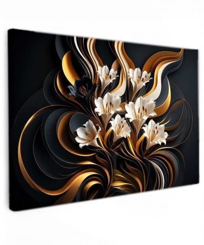 Canvas Schilderij abstracte bloemen – Gold & Black Elegance - 90x60 cm - woonkamer - wanddecoratie