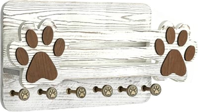 Hondenriemen Houder - Wanddecoratie Haken - Huisdier Organisatie - Zes Verlengde Haken - 34 x 20 x 8 cm - Wit