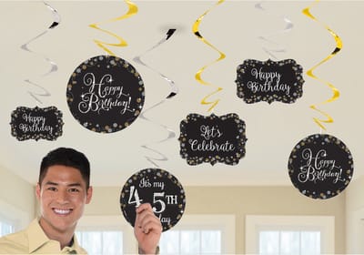 Amscan by Riethmuller - Riethmüller - Sparkling Celebrations - DIY Swirl Decoratie Happy Birthday Goud, Zilver, Zwart (12 stuks)