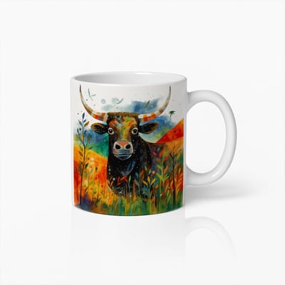 Kleurrijke Stier Koffiemok – Levendige Dierenkunst Keramische Beker voor Natuurliefhebbers