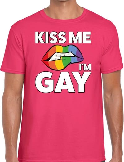 Kiss me i am gay t-shirt - roze - voor heren - Gay pride kleding - katoen - korte mouwen S