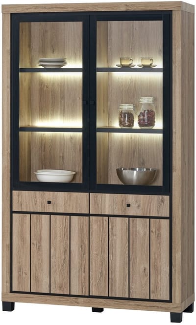 Belfurn Vitrinekast Eduard 128 cm met LED verlichting – Summer eik decor – Glazen deuren