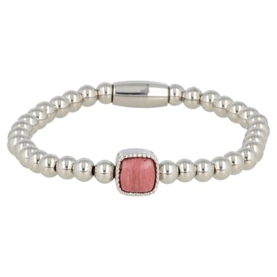 My Bendel - Zilverkleurige Elastische Bedelarmband met Rhodenite Edelsteen - Elastische Rhodonite Armband - Luxe Stainless Steel Dames - met Luxe Cadeauverpakking | Sieraden Voor Dames | Maat S