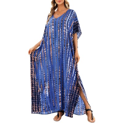 Robe Maxi surdimensionnée pour femmes, imprimé cravate, col en V, Robe de plage, Cover-Up One Size bleu royal