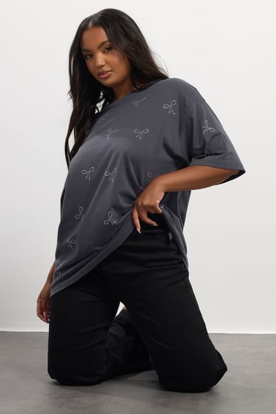 Yours Grijs Versierd Strik Oversized Tshirt Size 50-52