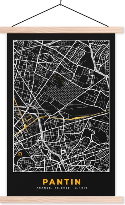 Posterhanger incl. Poster 40x60 cm - Schoolplaat - Plattegrond – Pantin – Stadskaart – Kaart – Frankrijk - Textielposter - Blanke latten - Stadskaart