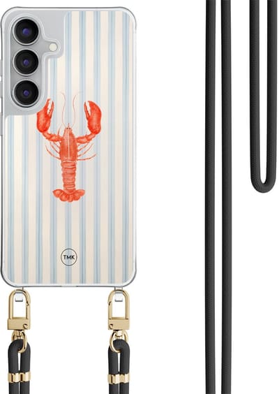 Telefoonhoesje met koord geschikt voor Samsung S25 FE - Kreeft - Inclusief Zwart koord - Transparant, Blauw - Gestreept - Crossbody beschermhoes - Met Telefoonketting