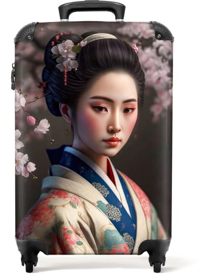 NoBoringSuitcases.com® - Handbagage koffer lichtgewicht - Reiskoffer trolley - Vrouw - Sakura - Kimono - Portret - Rolkoffer met wieltjes - Travel suitcase cabin - Reistrolley met TSA slot - Past binnen 55x40x20 en 55x35x25 - Kleine valiezen
