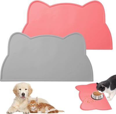 Famanu – Antislip siliconen voermat voor katten, 44 x 25,5 cm, met rand, roze en grijs