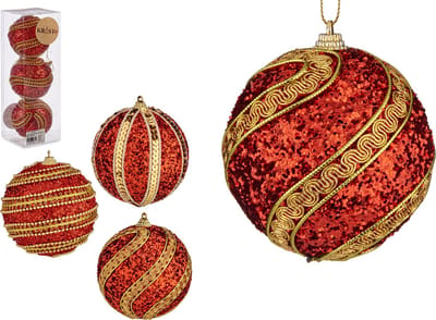 Krist+ gedecoreerde kerstballen - 3x stuks - rood/goud - kunststof - 8 cm