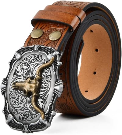 Cowboyriem met Bloemmotief en Gegraveerde Langhoorn, Vintage Stijl voor Jeans en Cadeaus