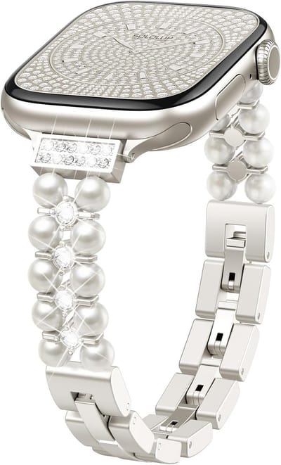 Stravo Dames Horlogebandje met Parel & Strass – Elegant Metalen Sieraadbandje – Geschikt voor Apple Watch 42mm (Series 11/10) , 41mm (Series 9/8/7), 40mm (Series 6/5/4/SE 1/2/3), 38mm (Series 3/2/1) – Starlight