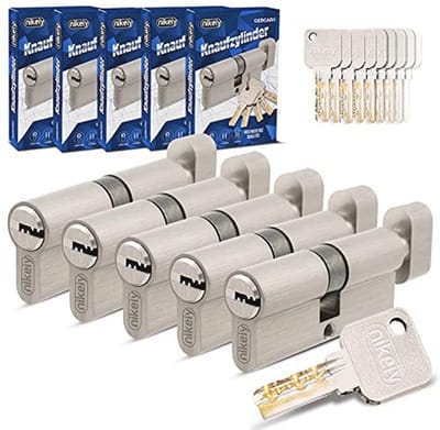 Knopcilinderset 5 stuks 60 mm, gelijksluitend met 25 sleutels, cilindersloten voor meer veiligheid