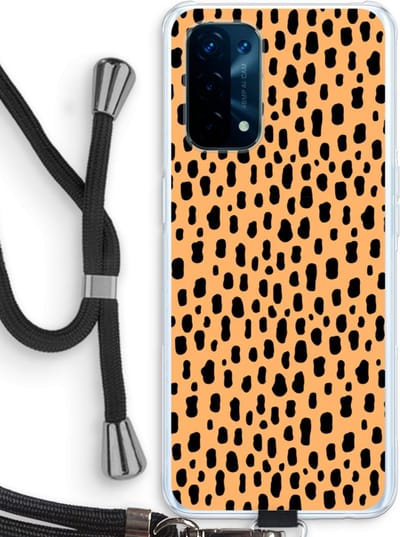 Case Company® - Hoesje met koord geschikt voor Oppo A74 5G hoesje met Koord - Panter - Telefoonhoesje met Zwart Koord - Bescherming aan alle Kanten en Over de Schermrand