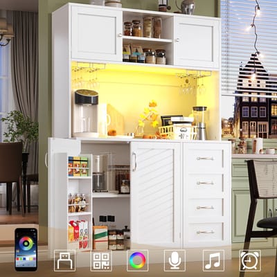 Buffetkast - 120x40x188cm - Modern met LED - Snackrek en Bekerhouder - Hout - Wit