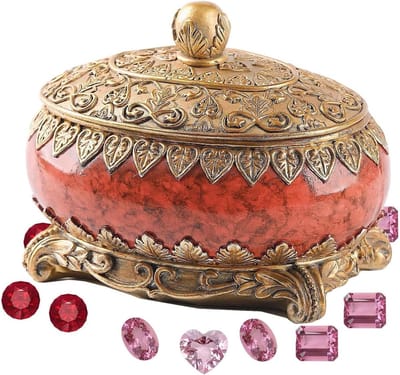 Antieke Sieradendoos - Luxe Opberger - Juwelen Presenteren - Handgesneden Motieven - 15.7 cm - Rood