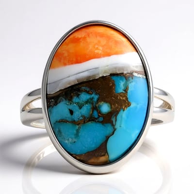 Cavill - Zilveren Ring met Edelsteen - 925 Sterling Zilver Geplatineerd - Ovale Cabochon Mozaïek 12,147 ct - Elegant Oranje Blauwe Tint, Uniek Ontwerp