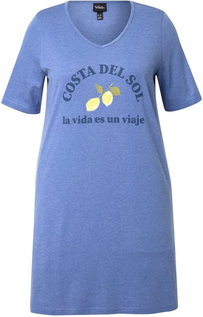 Ulla Popken - Dames - Jersey jurk citroenen A-lijn V-hals halve mouwen - Atlantisch blauw - Maat 46+