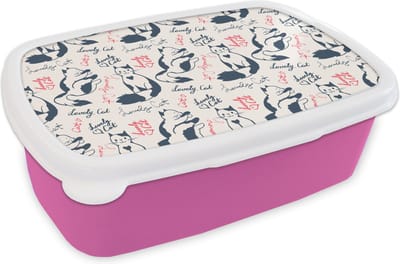 Broodtrommel Roze - Lunchbox - Brooddoos - Patronen - Kat - Quote - Roze - Meisjes - Kinderen - Kids - 18x12x6 cm - Kinderen - Meisje
