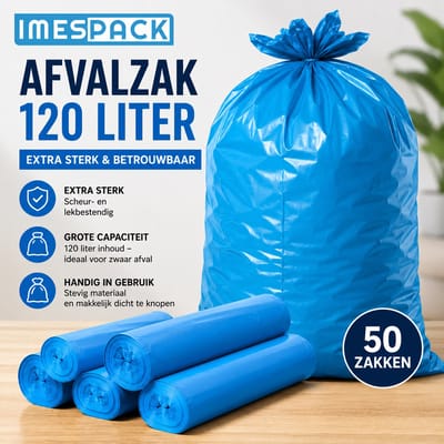 Afvalzakken 120 Liter – Extra Sterke Vuilniszakken – Blauw – 50 Stuks - IMES PACK