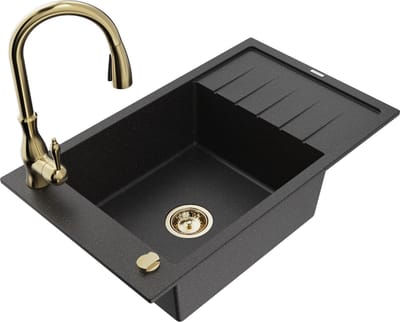 Mexen Elias granieten gootsteen met 1 bak en afdruiprek en keukenkraan Savita, zwart/zilveren metallic- 6511-73-672601-50