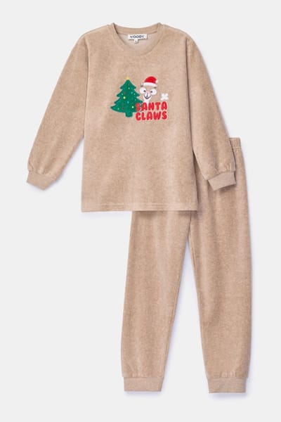 Woody pyjama unisex velours - beige - 'Santa Claws' - 253-18-CPA-V/227 - maat 140