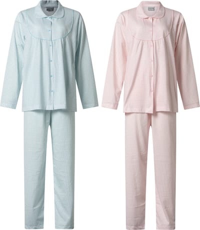 Lunatex - 2 klassieke dames pyjama's 124215 met kraag - blauw en roze - maat S